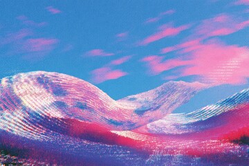 Ethereal digital landscape of flowing, abstract forms in vibrant pinks and blues