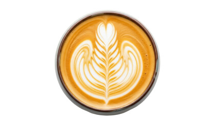 Latte art in a cup isolated PNG on transparent background, coffee drink with heart and leaf pattern for cafe menu and design