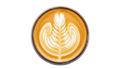 Latte art in a cup isolated PNG on transparent background, coffee drink with heart and leaf pattern for cafe menu and design
