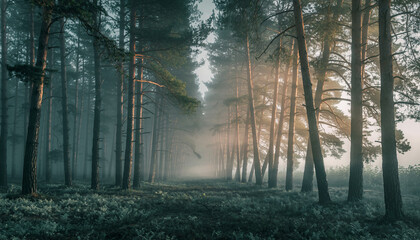 Misty forest landscape with tall trees and sunlight filtering through