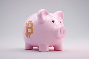 Pink ceramic piggy bank with a golden digital currency symbol on its side