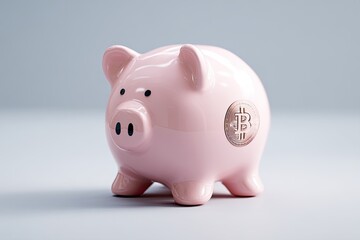 Pink piggy bank with a metallic coin embedded on its side