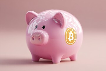 A pink ceramic piggy bank with a stylized Bitcoin symbol on its side