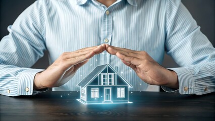 Professional hands cupping a glowing digital house schematic symbolizing real estate security and home insurance protection concept