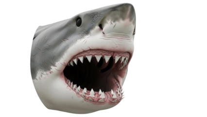 Great white shark head PNG isolated on transparent background, realistic predator with open mouth and sharp teeth, marine animal