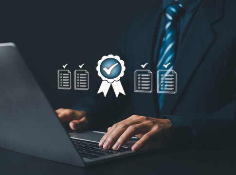 Professional quality, business assurance, and technological concept with standardized processes that serve customers, including information documents