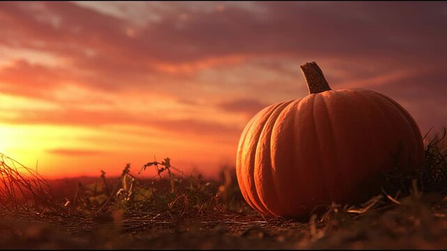 Serene autumn pumpkin landscape during vibrant sunset illuminating the rustic scene with warm glowing tones