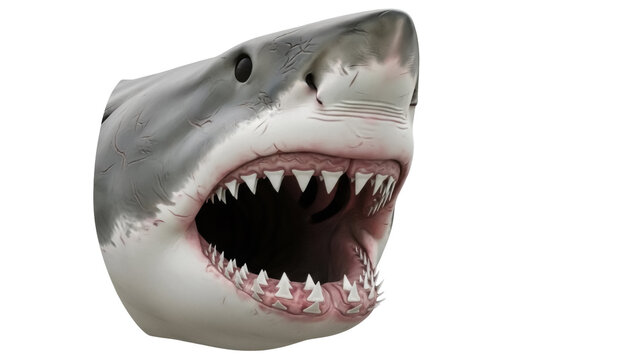 Great white shark head PNG isolated on transparent background, realistic predator with open mouth and sharp teeth, marine animal