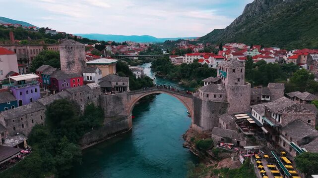 Mostar Medieval Town and Old Bridge aerial view in Bosnia and Herzegovina