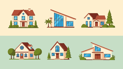 Fototapeta premium Collection of charming suburban houses with diverse architectural styles and lush green trees, perfect for real estate or neighborhood concepts