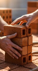 Construction Materials in Action Building with Bricks on a Construction Site Close-up Viewpoint Urban Environment