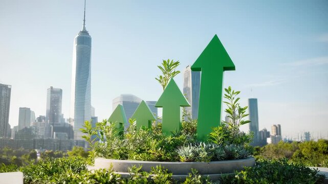 Green arrows symbolizing growth rise from lush greenery in a city skyline