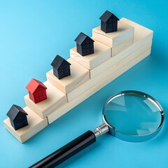 Real estate investment analysis examining market trends with a magnifying glass over ascending property blocks