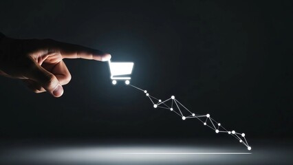 Finger interacting with glowing shopping cart icon initiating a downward trending line graph representing e-commerce sales decline
