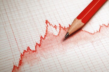 Red pencil on graph paper drawing a fluctuating red line