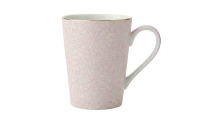 Elegant beige mug with floral pattern isolated PNG on transparent background, stylish coffee cup for kitchen and home decor use