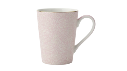 Elegant beige mug with floral pattern isolated PNG on transparent background, stylish coffee cup for kitchen and home decor use