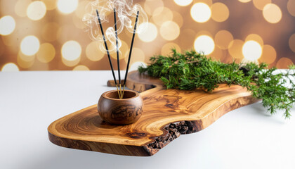 Smoking Juniper Incense Sticks on Rustic Wooden Tray with Golden Bokeh Background