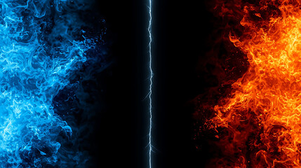 Contrasting blue and orange flames with lightning on black background