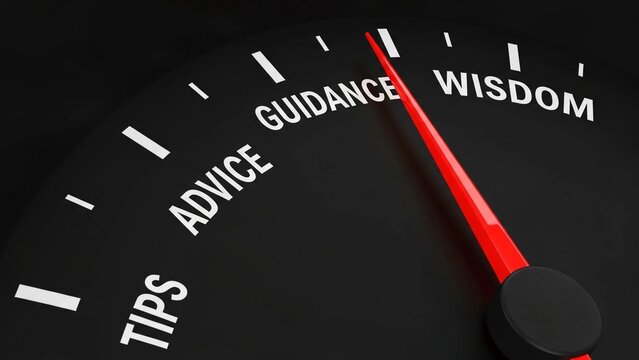 Conceptual rendering of a speedometer gauge indicating maximum level for guidance advice tips and ultimate wisdom achievement
