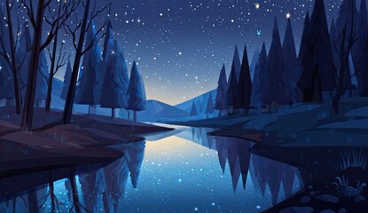 Tranquil night landscape with a calm river reflecting starry sky