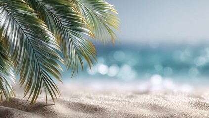 Lush palm fronds overhang a sun-drenched sandy beach and shimmering ocean