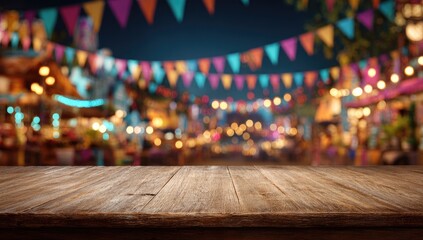 A wooden table in the foreground with a festive, blurred night market scene