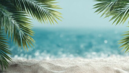 Sunny tropical beach scene with palm fronds framing the blue ocean and sandy shore