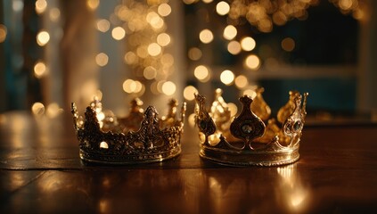 Two ornate, golden crowns with jewel embellishments sit on a wooden surface