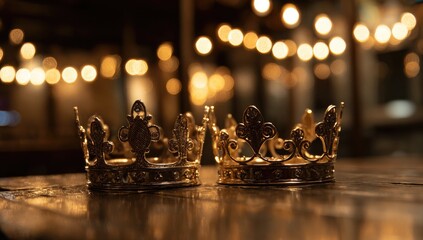 Two ornate golden crowns rest on a rustic wooden surface with bokeh lights