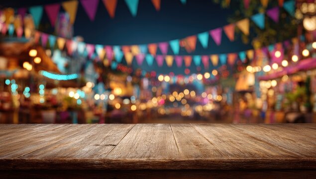 A wooden table in the foreground with a festive, blurred night market scene