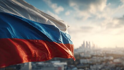 A flag waves with a city skyline and clouds in the background at sunset