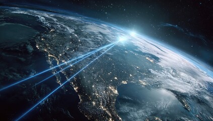 Glowing lines connect continents from space, highlighting global connectivity and data flow