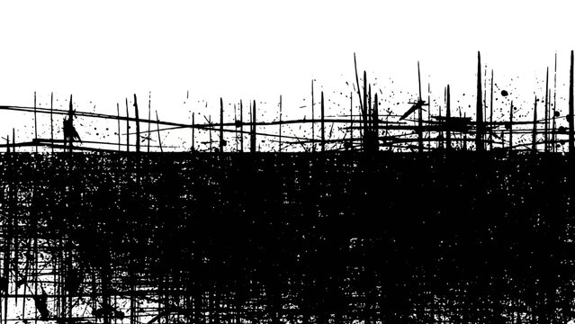 Abstract textured black and white graphic with horizontal lines and splashes, evoking a sense of grunge and urban decay
