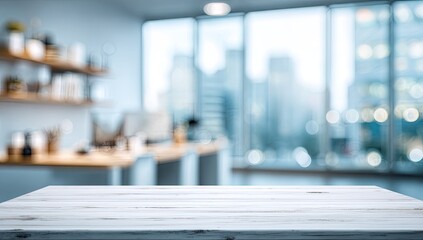 Bright, modern office space with large windows and wooden shelving