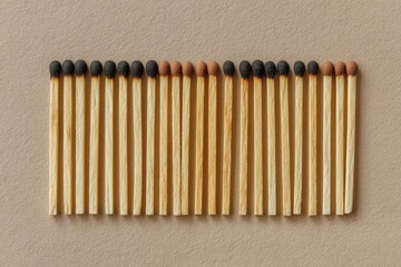 Row of unlit wooden matches with burnt tips, one separated