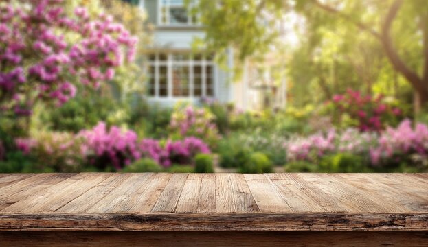Sunlight illuminates a blooming garden with a weathered wooden table in foreground