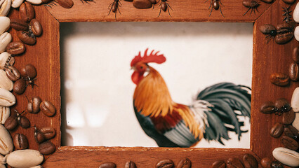 Rustic Coffeehouse Background with Rooster Bird and Insect Border