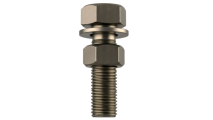 Metal bolt with nuts isolated PNG, industrial fastener with threads for construction and mechanical engineering applications