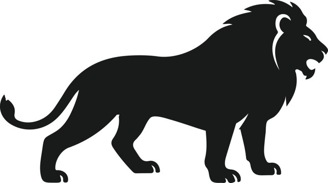 A striking black silhouette of a majestic roaring lion in profile