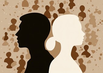 Two silhouettes, one dark, one light, facing away, against a backdrop of smaller figures