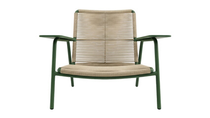 Fototapeta premium Modern green lounge chair with woven seat isolated PNG, stylish outdoor furniture for patio or garden on transparent background