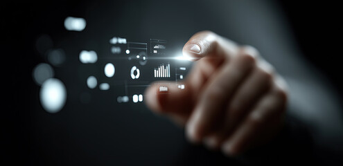 Hand reaches toward glowing virtual dashboard icons within dark futuristic space.