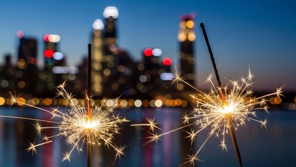 Sparkling fireworks illuminate the night sky over a blurred cityscape with a waterfront promenade in the foreground, creating a festive and celebratory atmosphere