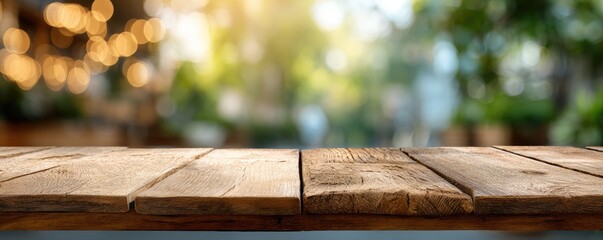 Rustic wooden table in front of a softly lit outdoor setting with bokeh