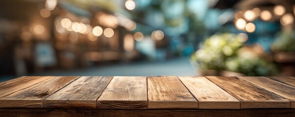 Rustic wooden planks form a foreground table, with a blurred background of outdoor lights and greenery