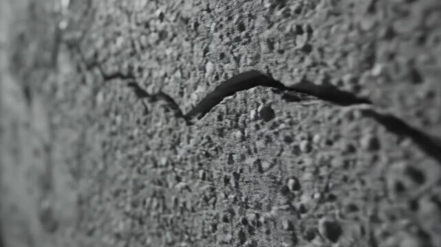 Gritty, extremely close cinematic tracking shot across a rough, unpainted cement wall texture emphasizing rugged materiality material, wall texture, abstract