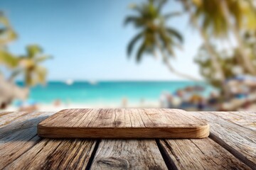 Empty wooden platform foreground with blurred tropical beach and ocean background
