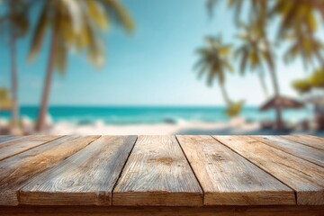Wooden table foreground with blurred tropical beach and palm trees background