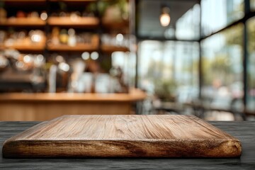 Fototapeta premium Empty wooden tabletop surface with a blurred background of a modern cafe